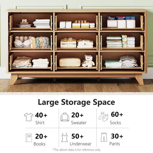 Large Storage Space

- 40+ Shirt
- 20+ Sweater
- 60+ Socks
- 20+ Books
- 50+ Underwear
- 30+ Pants

*The above data is for reference only.
