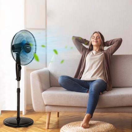 Front. LUCKY ONE - 16 Inch Adjustable Height Oscillating Stand Fan with Remote and Timer - Black.