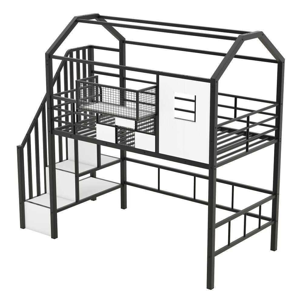 Alt View 3. Loheer - Loheer Metal Loft Bed with Roof Design Twin Size Black House Loft Bed with Storage Box and Integrated Ladder - Black.