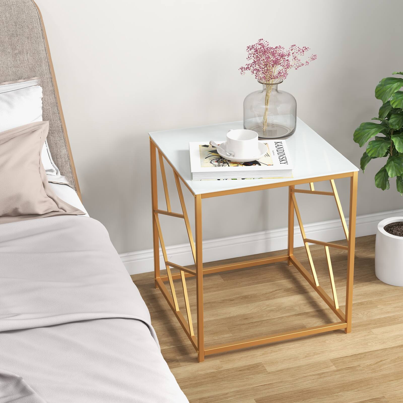 Back. Costway - 2PCS 19.5" Side Table Square Bedside Sofa Accent Coffee Table Tempered Glass Top - Gold+White.
