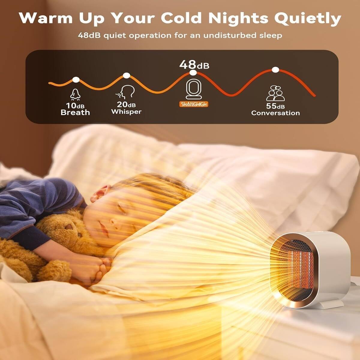Warm Up Your Cold Nights Quietly  
48dB quiet operation for an undisturbed sleep

48dB  
10dB Breath  
20dB Whisper  
55dB Conversation
