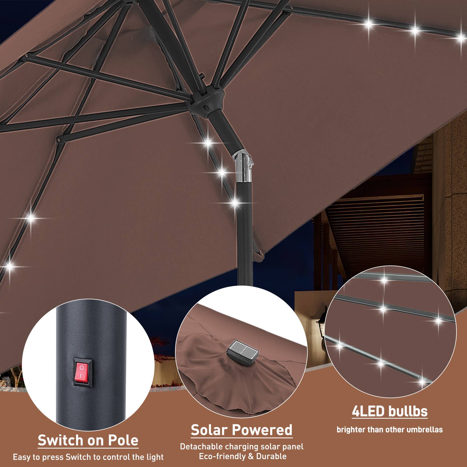 C1 Solar Powered Switch on Pole  
Detachable charging solar panel  
Easy to press Switch to control the light  
Eco-friendly & Durable  
4LED bulbs  
brighter than other umbrellas