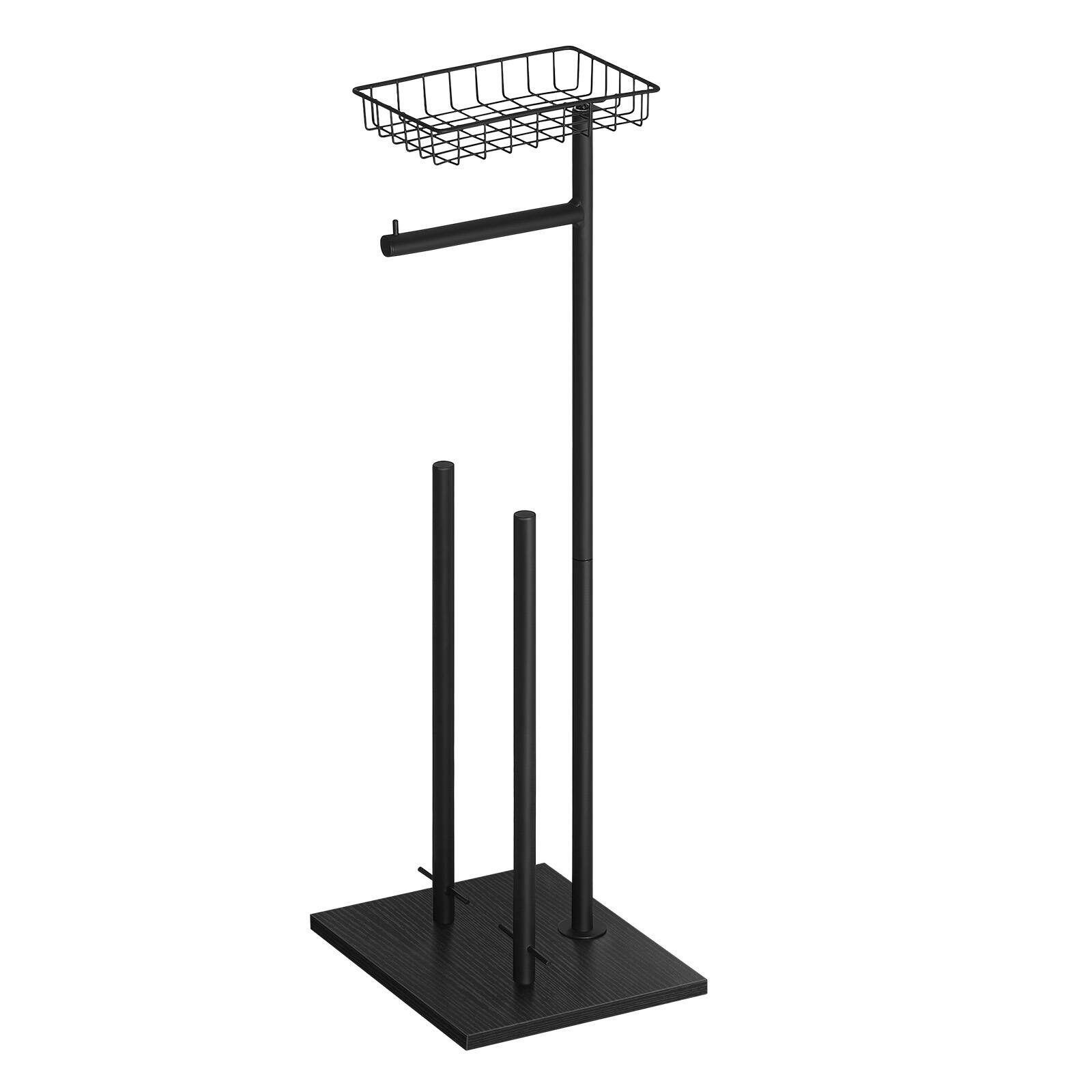Angle. Oumilen - Freestanding Toilet Paper Holder with Storage Basket – 2-Pack Black Dual Spare Roll Organizer.