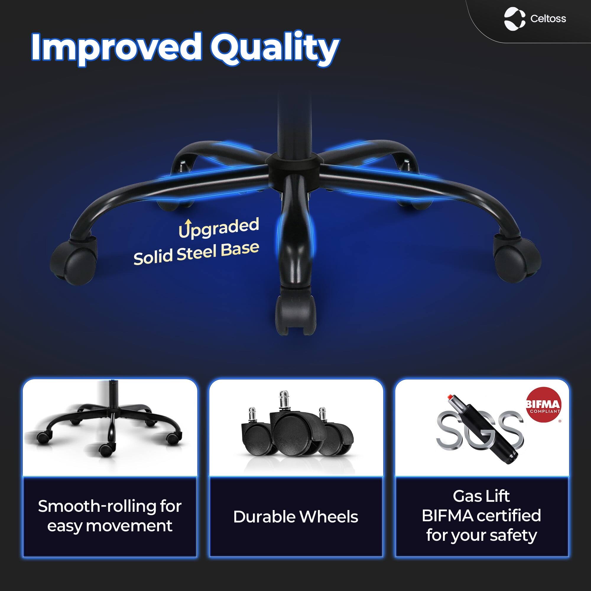 Improved Quality  
Upgraded Solid Steel Base  
Smooth-rolling for easy movement  
Durable Wheels  
Gas Lift  
BIFMA certified for your safety