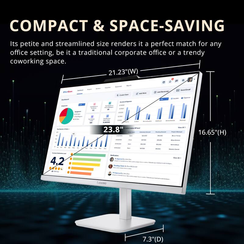 COMPACT & SPACE-SAVING  
Its petite and streamlined size renders it a perfect match for any office setting, be it a traditional corporate office or a trendy coworking space.  

21.23" (W)  
23.8"  
16.65" (H)  
7.3" (D)