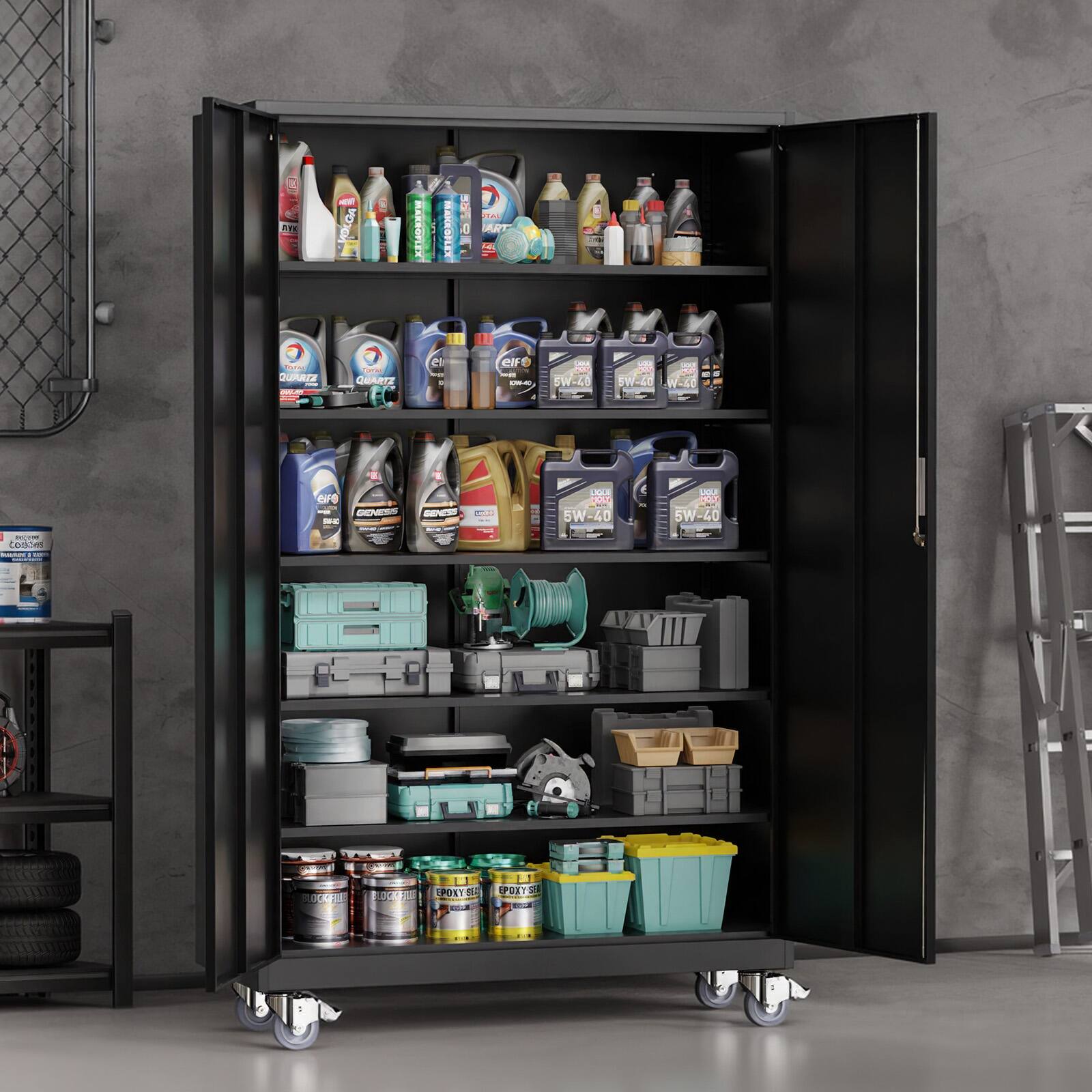 Sure, here is the corrected text:

**Top Shelf:**
- ENEO - OLOA
- HAKEOFLEX
- READCKSFLEX
- TA ART

**Second Shelf:**
- fore uARIS
- T GuARTZ
- IP
- SW-40
- W-40
- TW-40

**Third Shelf:**
- eire BENE A
- T LOL4
- LO0
- 6W-40
- AAE
- 5W-40

**Fourth Shelf:**
- Codm: E 1
- POXYB 0
- PPRY 2 0