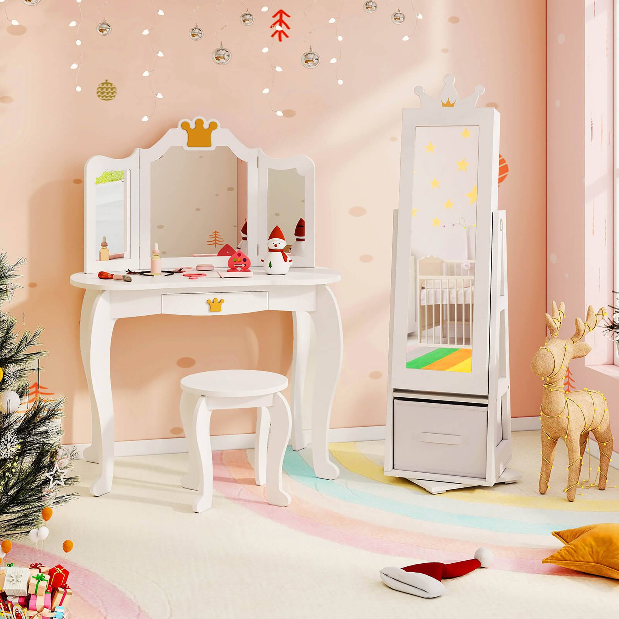 Alt View 1. Gymax - Gymax Kids Vanity Set Princess Makeup Dressing Table & Chair Set w/ Jewelry Armoire White - White.