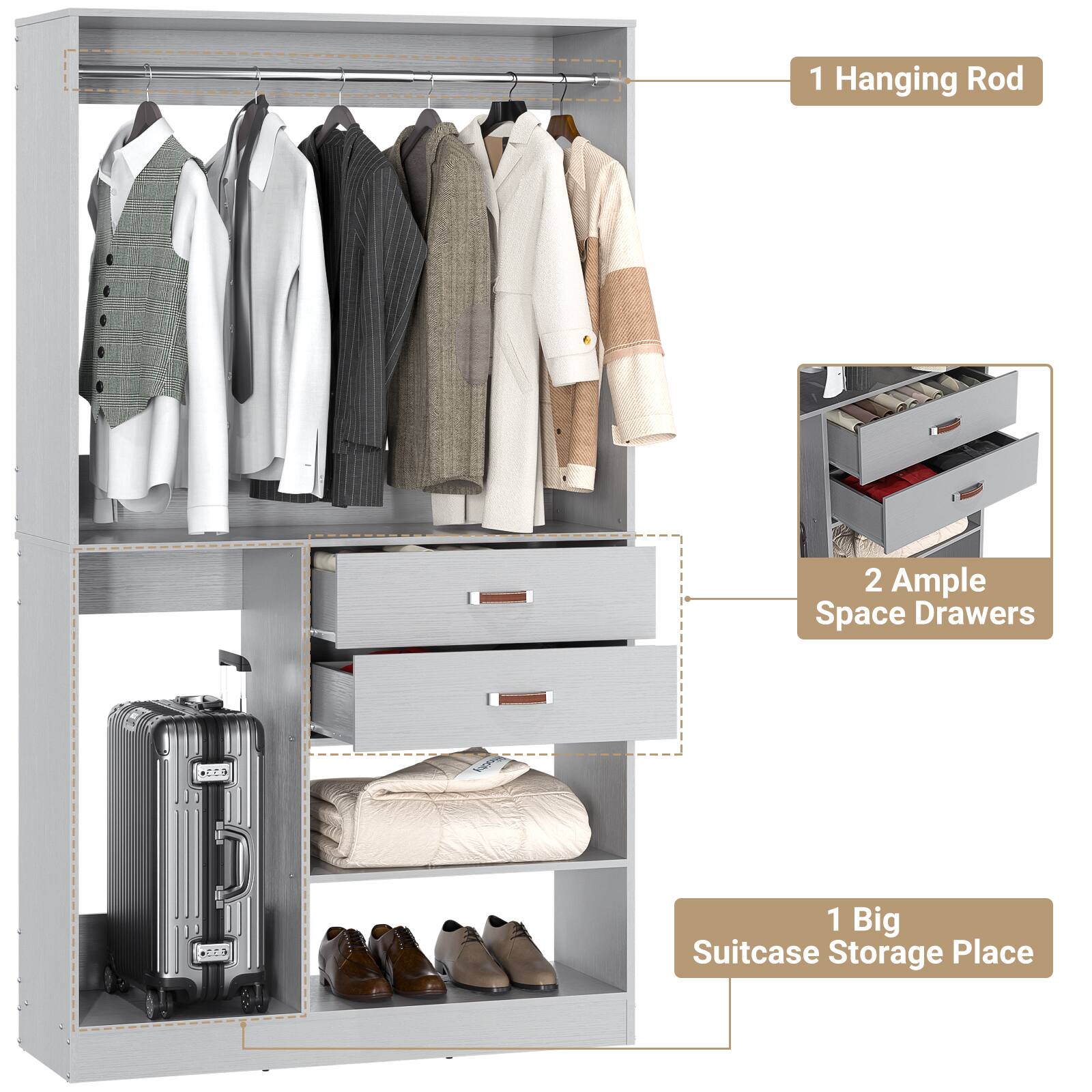 1 Hanging Rod  
2 Ample Space Drawers  
1 Big Suitcase Storage Place