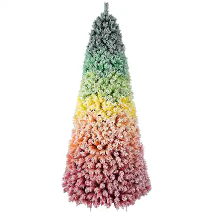 Front. Forest'nSky - 6 ft. Rainbow Gradient Flocked PVC Christmas Tree, 1326 Tips, Snowy Finish, Hinged Design and Metal Stand - Colorful.