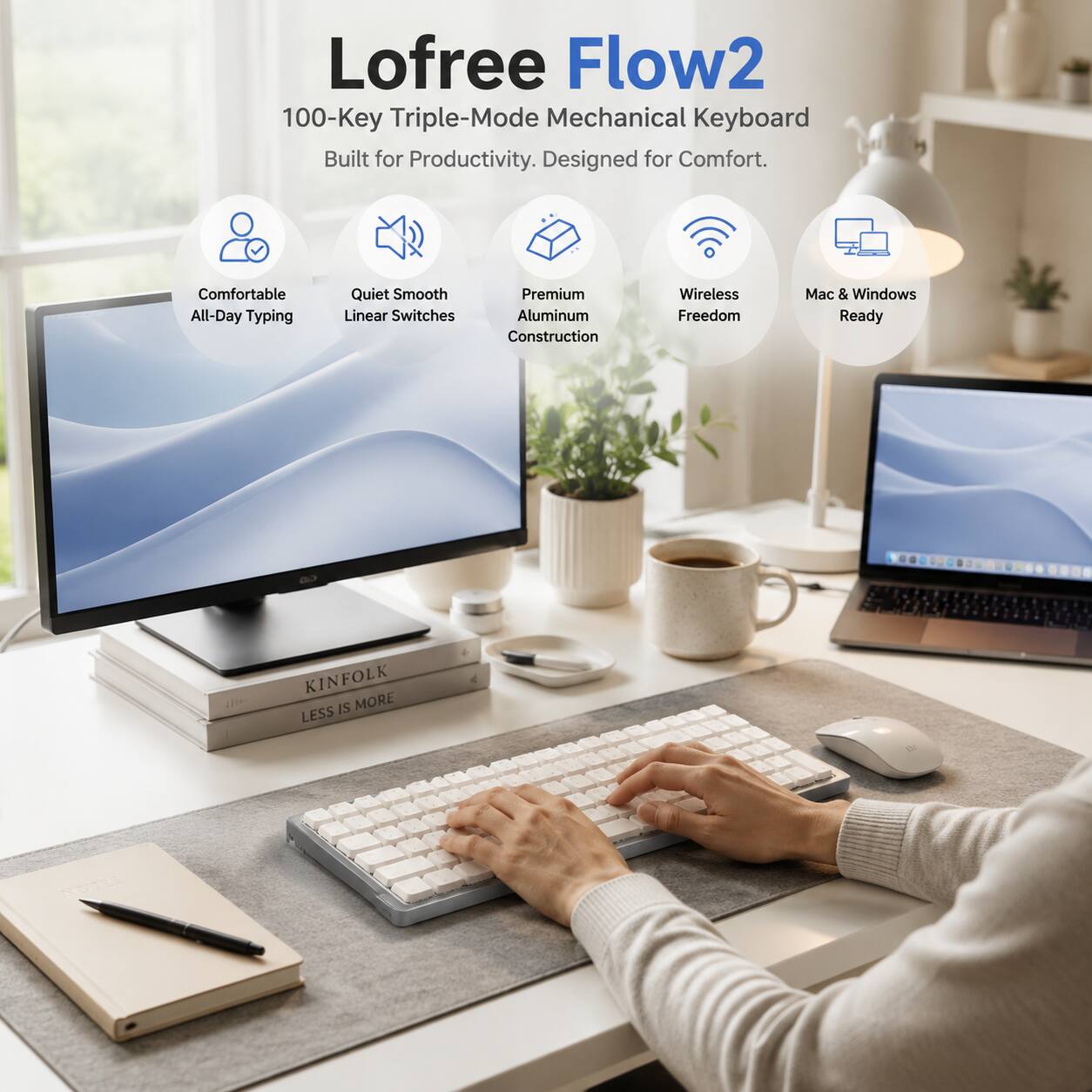 Lofree Flow2 100-Key Triple-Mode Mechanical Keyboard Built for Productivity. Designed for Comfort. Comfortable All-Day Typing Quiet Smooth Linear Switches Premium Aluminum Construction Wireless Freedom Mac & Windows Ready KINFOLK IS MORE LESS