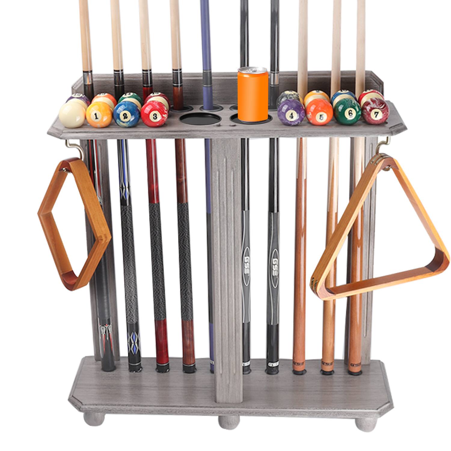 GSE Games & Sports Expert - Wood 10 Floor Stand Pool Cue Rack Only Holds Full Balls Set, Ball Racks, Drink Holders - Brushed Grey
