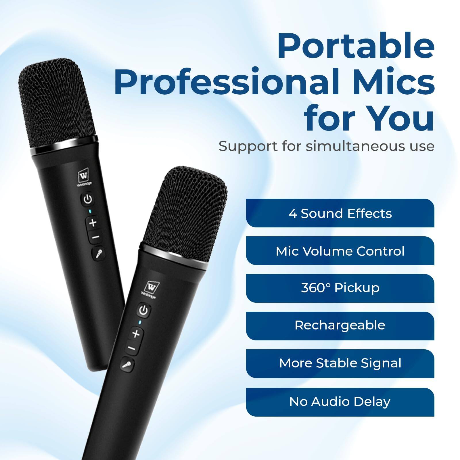Portable Professional Mics for You  
Support for simultaneous use  

- 4 Sound Effects  
- Mic Volume Control  
- 360° Pickup  
- Rechargeable  
- More Stable Signal  
- No Audio Delay
