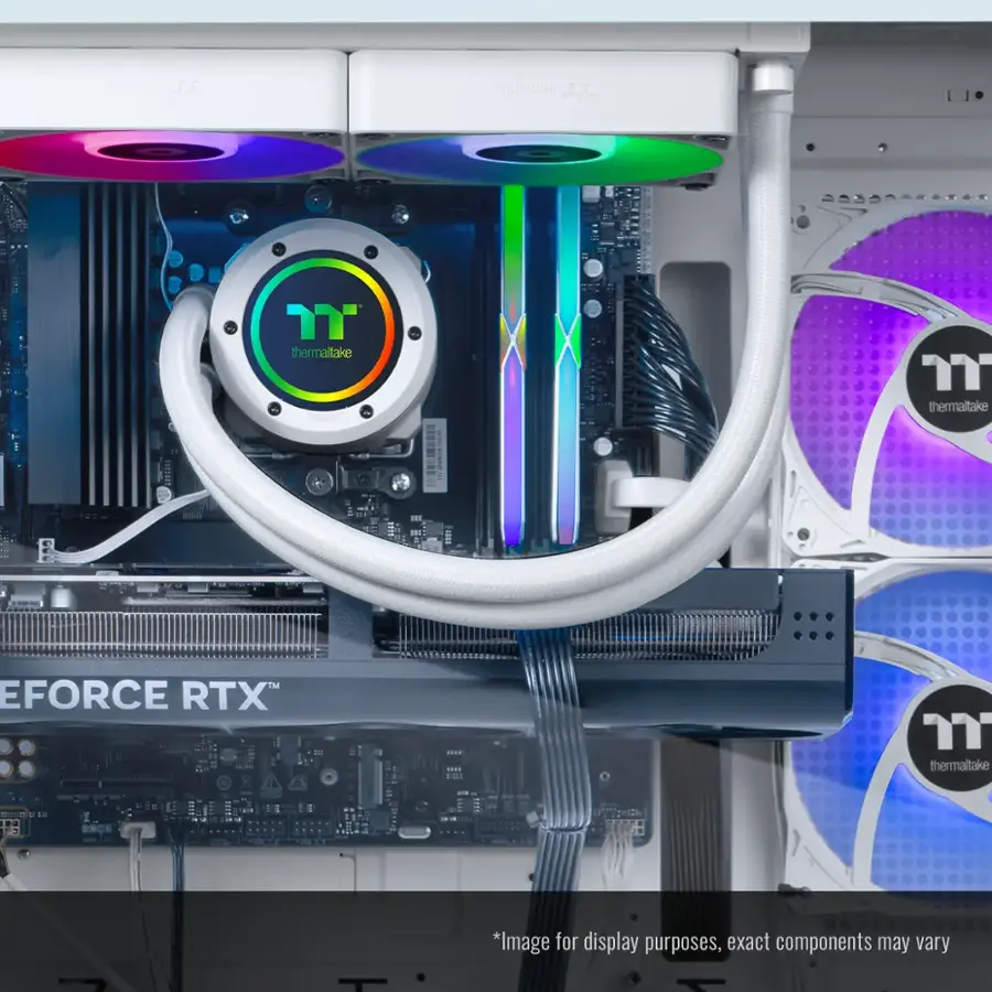 The image features a computer with a Thermaltake branded RTX 2080 Ti graphics card and a colorful fan. The fan is connected to the graphics card, and the computer is placed inside a white case. The graphics card is positioned in the middle of the case, with the fan on the right side. The overall setup appears to be a powerful gaming system.