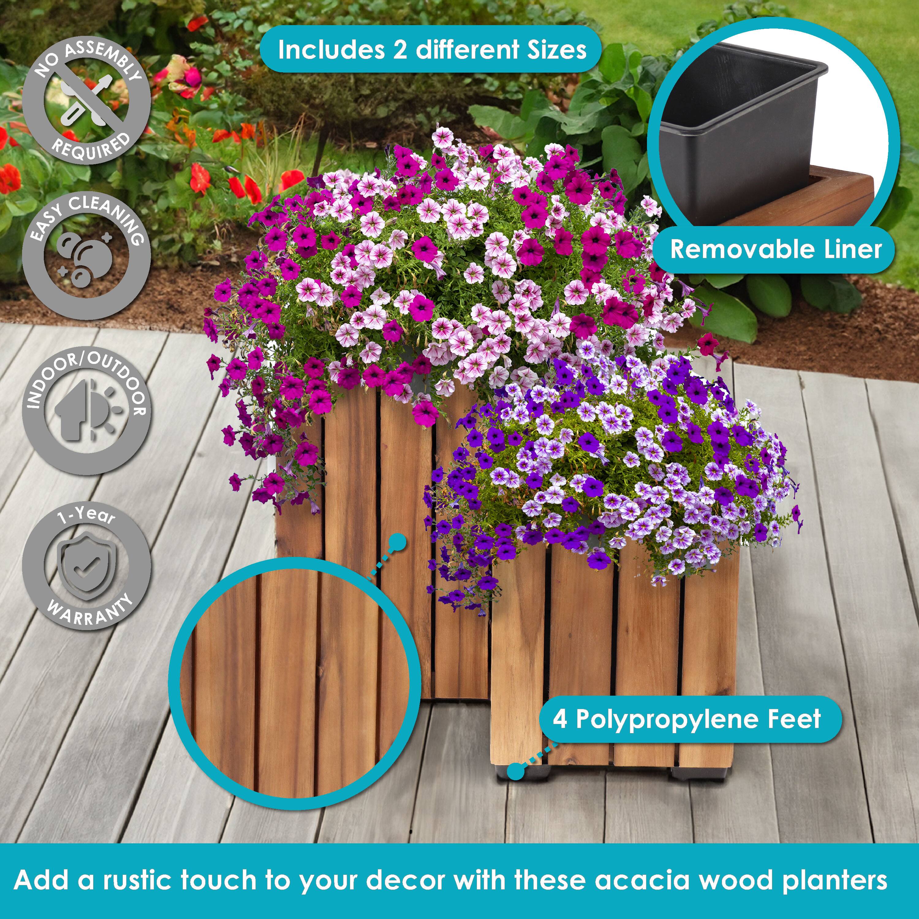 - NO ASSEMBLY REQUIRED
- EASY CLEANING
- INDOOR/OUTDOOR
- 1-Year WARRANTY
- Includes 2 different Sizes
- Removable Liner
- 4 Polypropylene Feet
- Add a rustic touch to your decor with these acacia wood planters