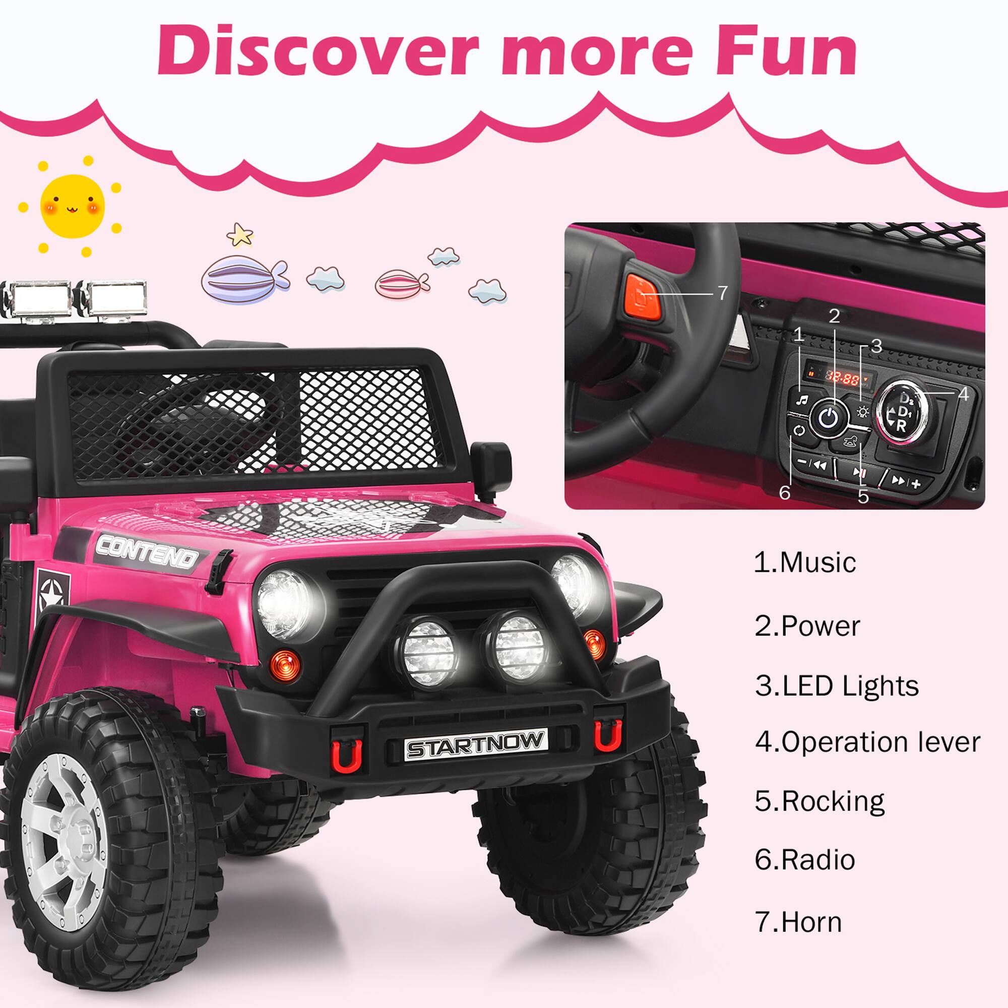 Discover more Fun

1. Music
2. Power
3. LED Lights
4. Operation lever
5. Rocking
6. Radio
7. Horn