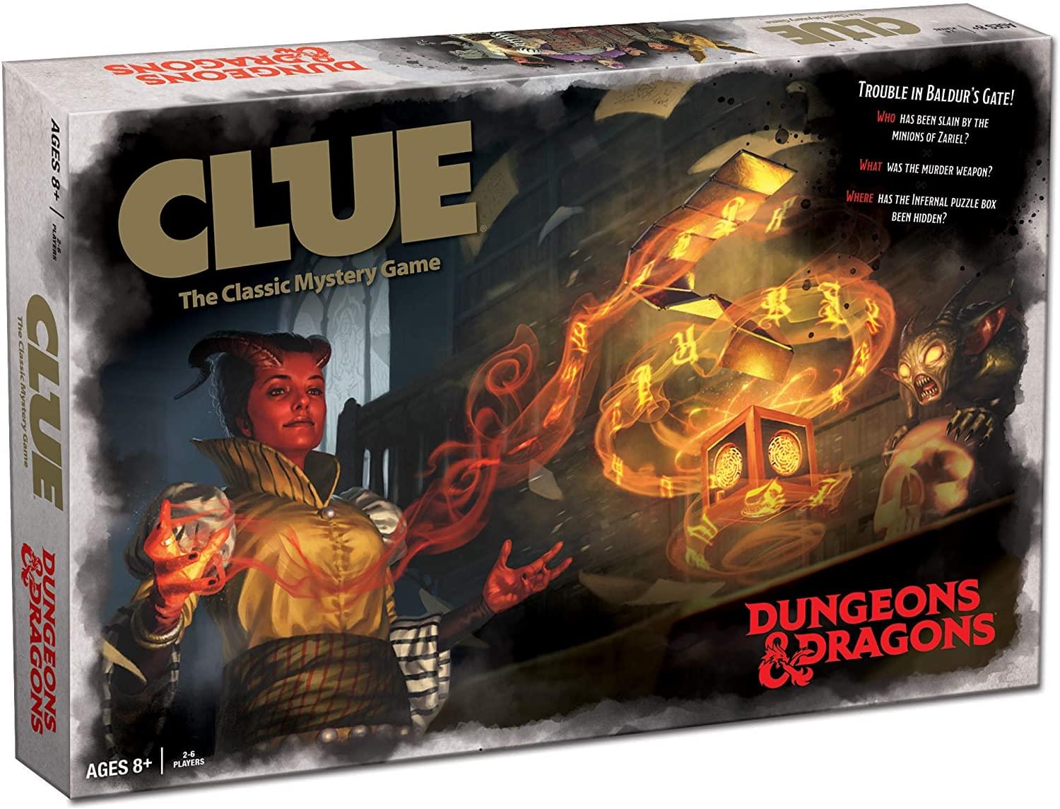 **CLUE**  
The Classic Mystery Game  

**Dungeons & Dragons**  

**Trouble in Baldur's Gate!**  
- Who has been slain by the minions of Zariel?  
- What was the murder weapon?  
- Where has the infernal puzzle box been hidden?  

**Ages 8+ | 2-6 Players**