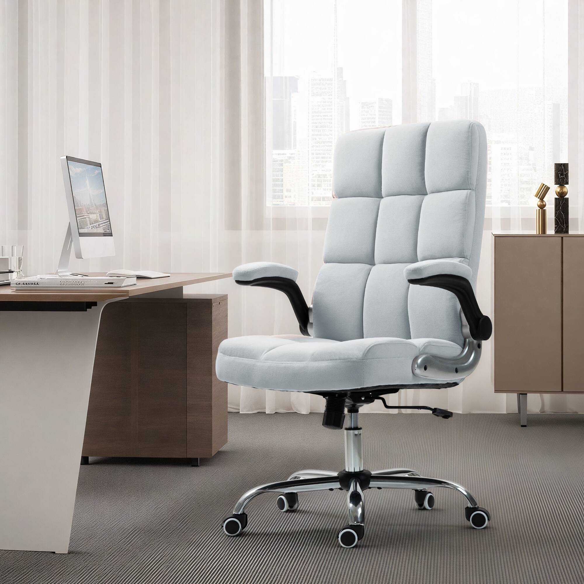 Front. U-HOMY - Velvet Executive Office Chair: Ergonomic Desk Chair with Adjustable Height & 360° Rotation - Light Grey.