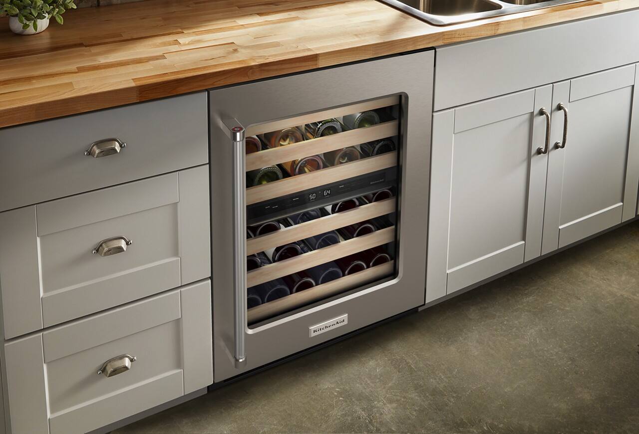 Alt View 5. KitchenAid - 46-Bottle Dual Zone Wine Cellar with Glass Door and Wood-Front Racks - Stainless steel.