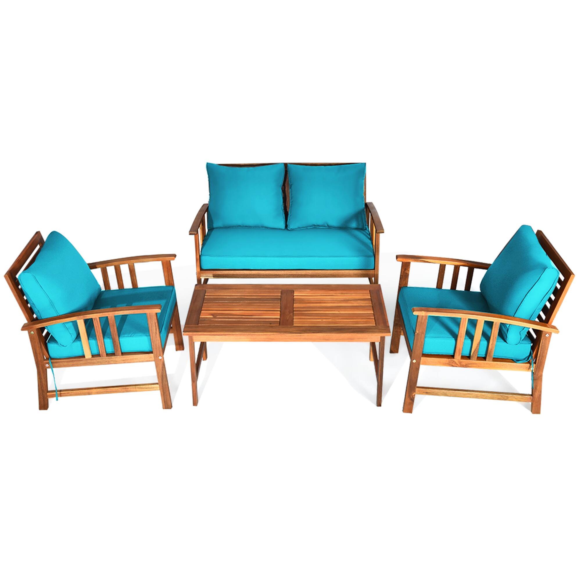 Alt View 1. Gymax - Gymax 4pcs Wooden Patio Furniture Set Table & Sectional Sofa w/ Turquoise Cushion - as pic.
