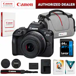 Bundle - Canon - EOS R100 Mirrorless Camera + RF-S18-45mm F4.5-6.3 Lens + 64GB Memory