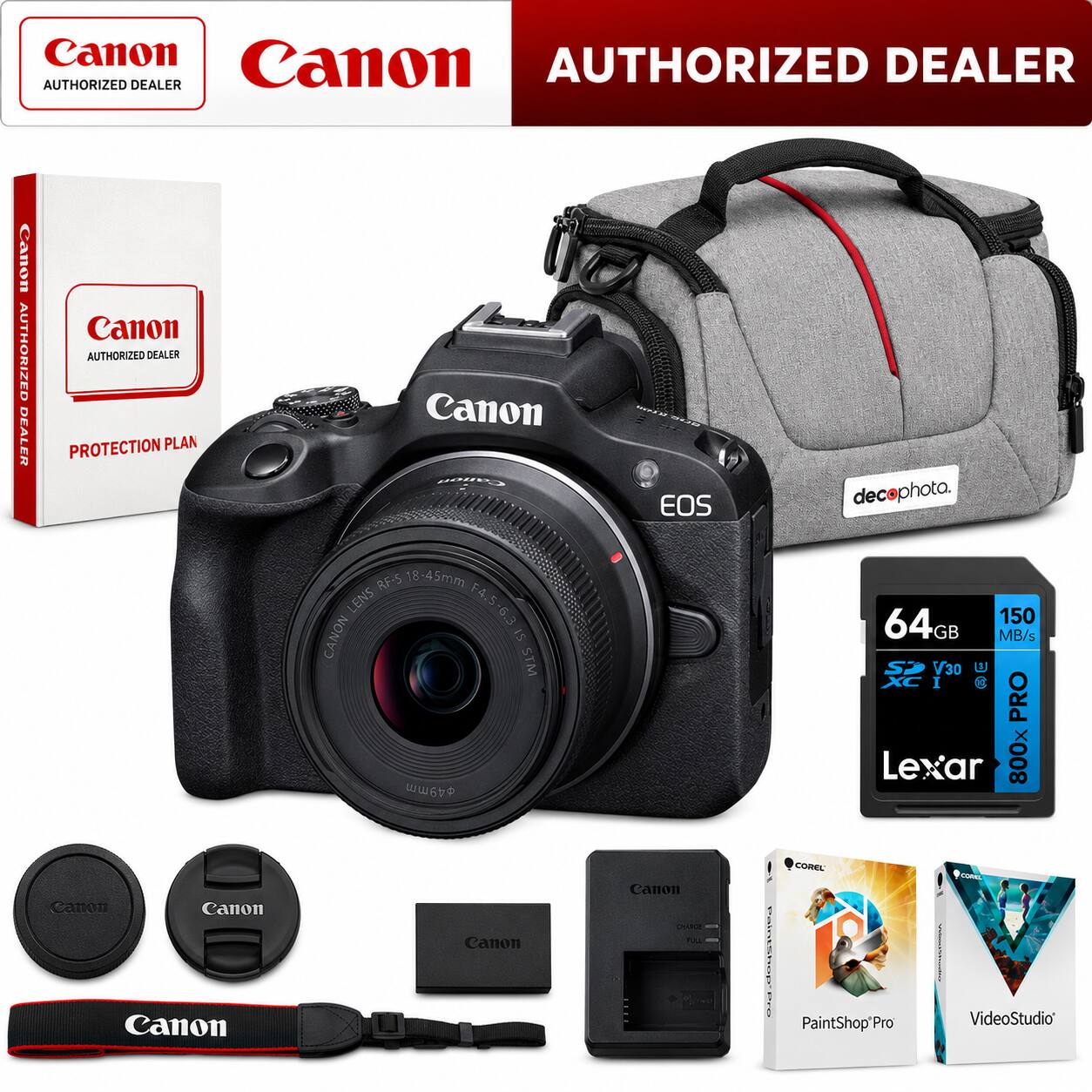 Canon AUTHORIZED DEALER  
Canon EOS decophota. RF-S 18-45mm F4 LENS F4.5-6.3 CANON IS STM  
49mm  
64GB 150 MB/s V30 XC I PRO Lexar 800x  
Canon COR  
PaintShop Pro  
LUMIL VideoStudio