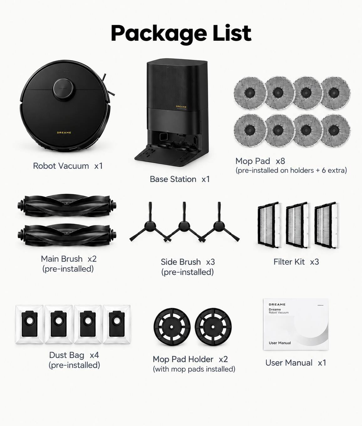 Package List

- DREAME Robot Vacuum x1
- Base Station x1
- Mop Pad x8 (pre-installed on holders + 6 extra)
- Main Brush x2 (pre-installed)
- Side Brush x3 (pre-installed)
- Filter Kit x3
- Dust Bag x4 (pre-installed)
- Mop Pad Holder x2 (with mop pads installed)
- User Manual x1
