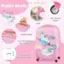 Product Details:

* 2-way smooth zipper with lock holes
* Portable handle
* 360 universal wheels
* X belt
* Comfortable and retractable handle

The image shows a pink suitcase with a unicorn on it, and the product details are listed in the image.