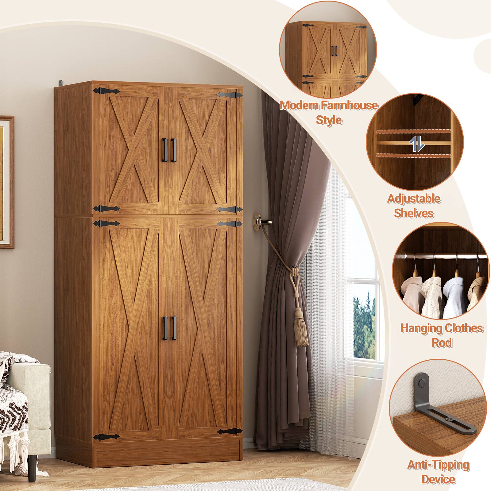 Modern Farmhouse Style  
1 Adjustable Shelves  
Hanging Clothes Rod  
Anti-Tipping Device