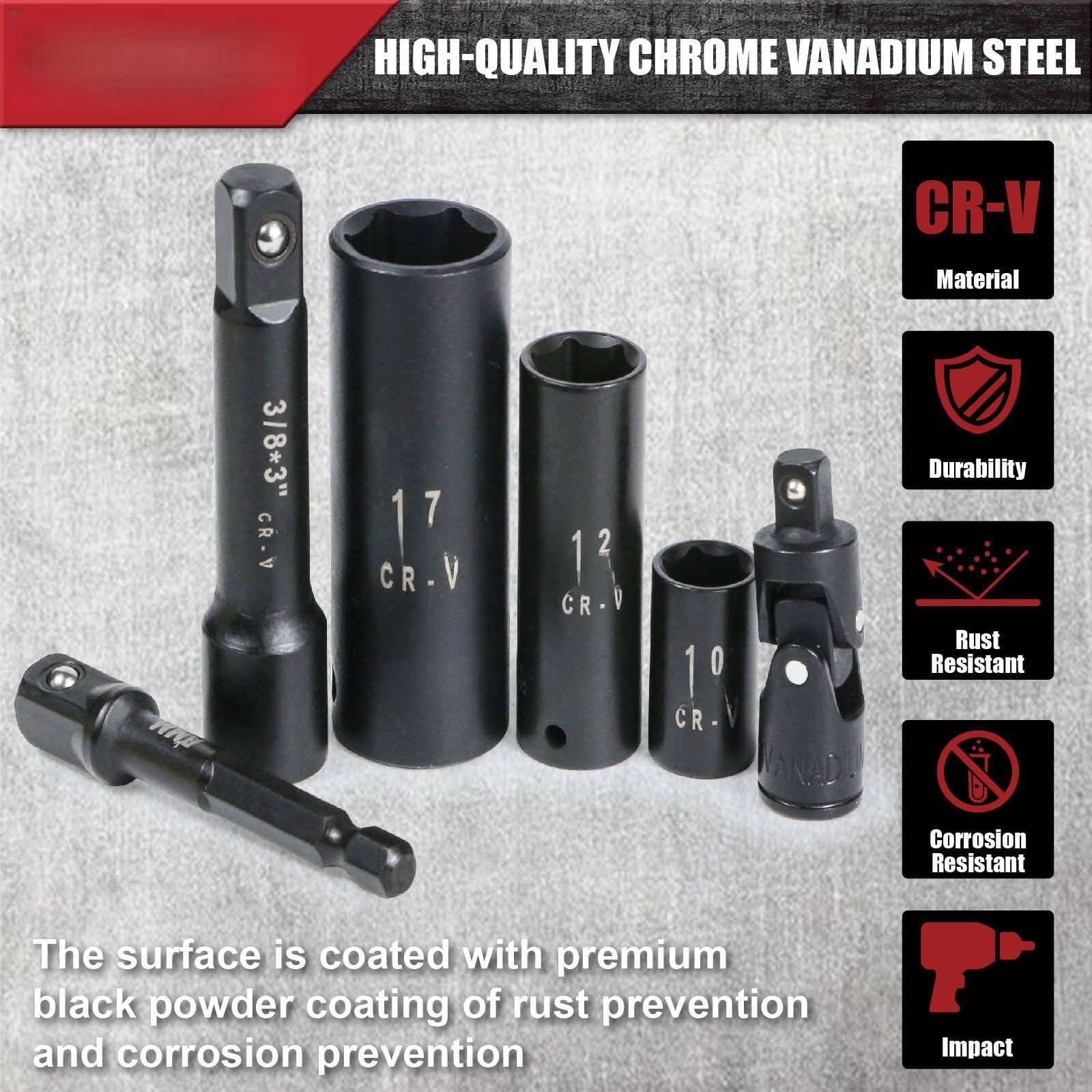 HIGH-QUALITY CHROME VANADIUM STEEL

CR-V Material

Durability

Rust Resistant

Corrosion Resistant

Impact

The surface is coated with premium black powder coating of rust prevention and corrosion prevention