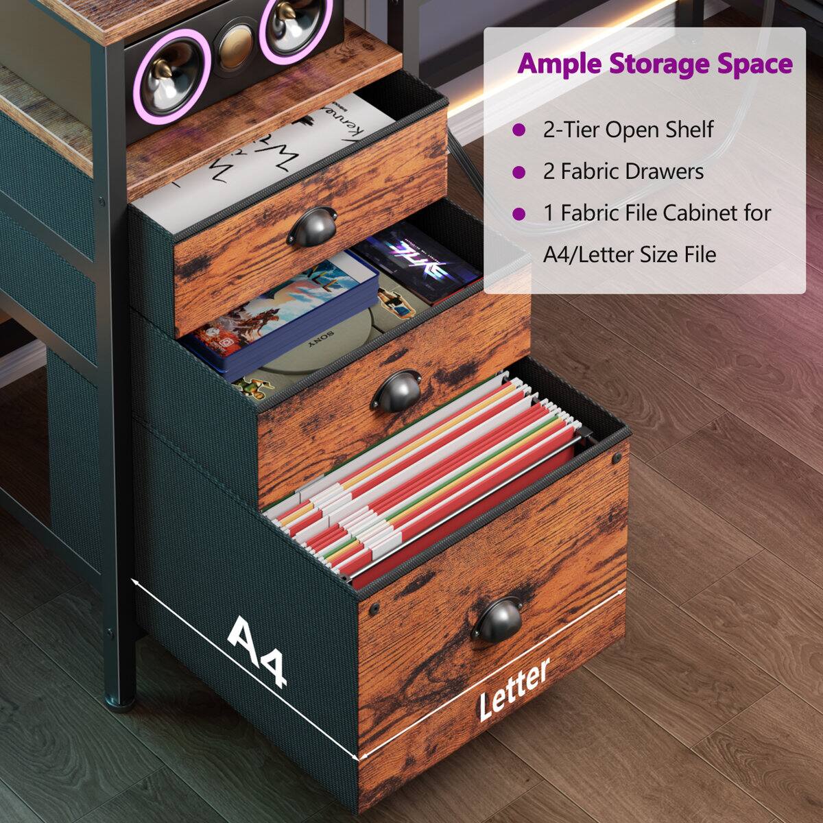 Ample Storage Space  
- 2-Tier Open Shelf  
- 2 Fabric Drawers  
- 1 Fabric File Cabinet for A4/Letter Size File
