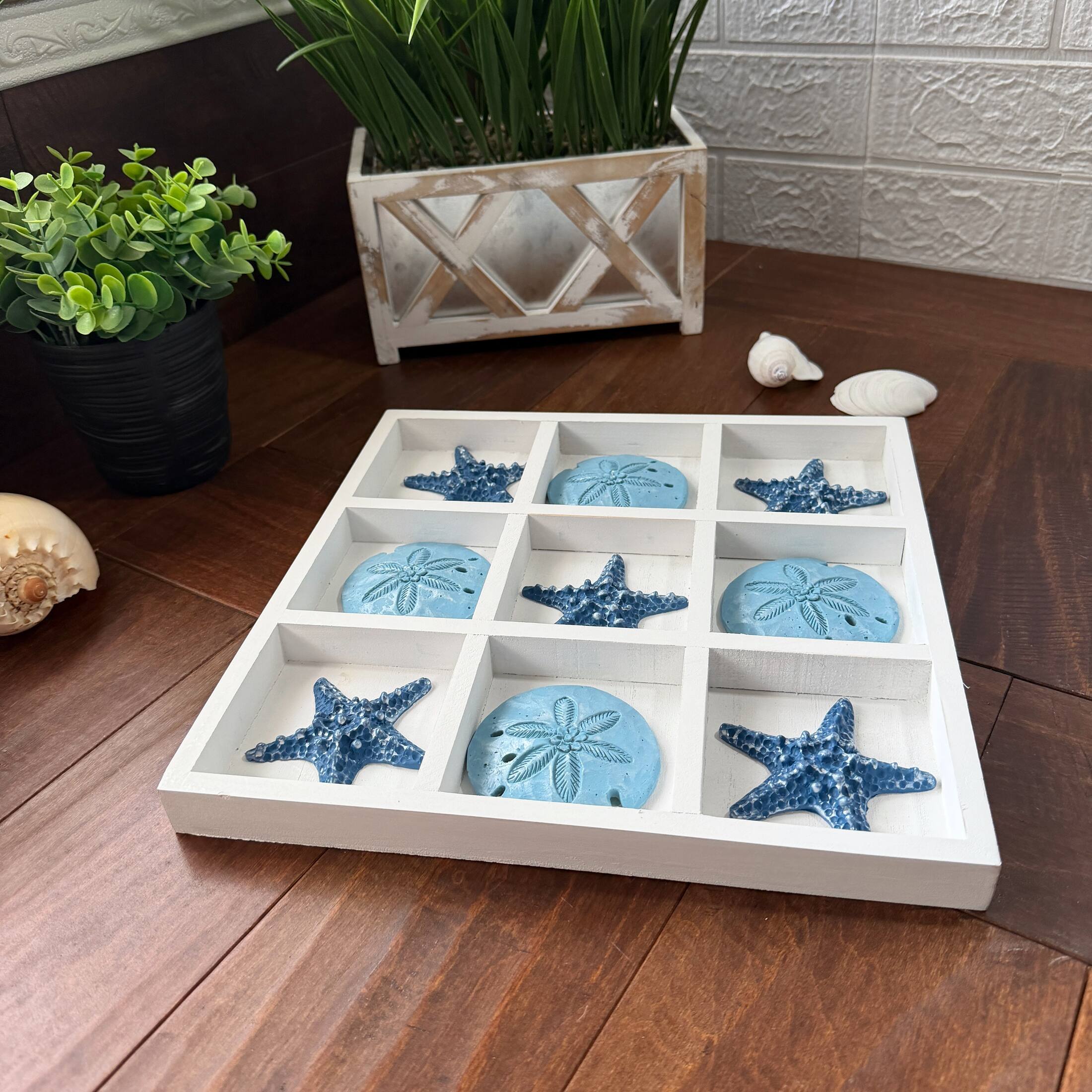 Alt View 4. Zeckos - Coastal Tabletop Decor Whitewashed Wood Blue Starfish Sand Dollar 11.75 Inch - White.