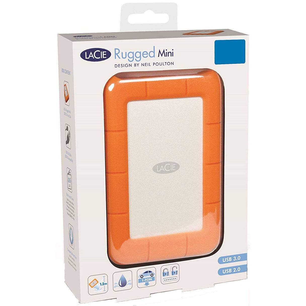 LACIE  
Rugged Mini  
DESIGN BY NEIL POULTON  

USB 3.0  
USB 2.0  

1.2m  
1-TON