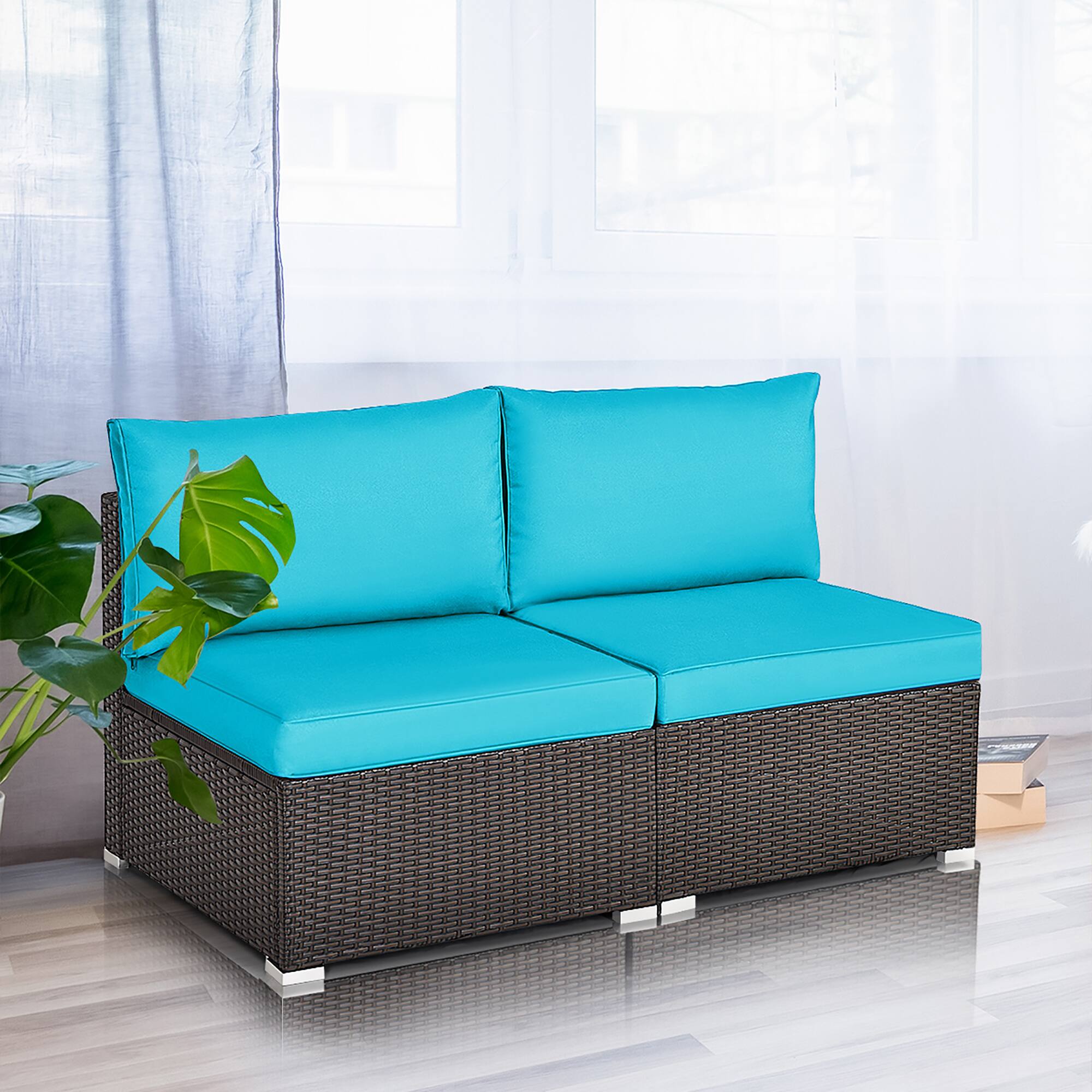 Alt View 3. Costway - Costway 2PCS Patio Rattan Armless Sofa Sectional Conversation Furniture Set W/Cushion - Turquoise.