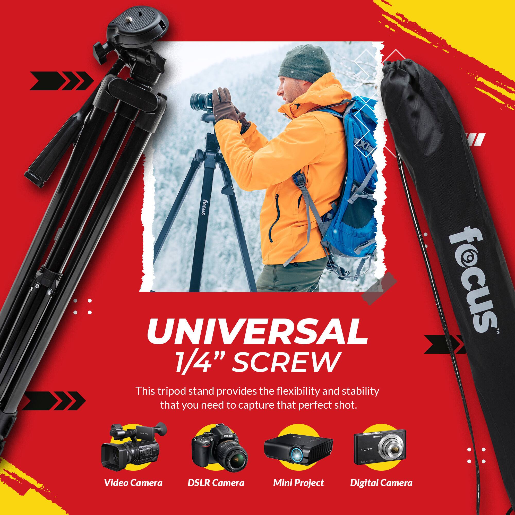 **UNIVERSAL 1/4" SCREW**

This tripod stand provides the flexibility and stability that you need to capture that perfect shot.

- Video Camera
- DSLR Camera
- Mini Project
- Digital Camera