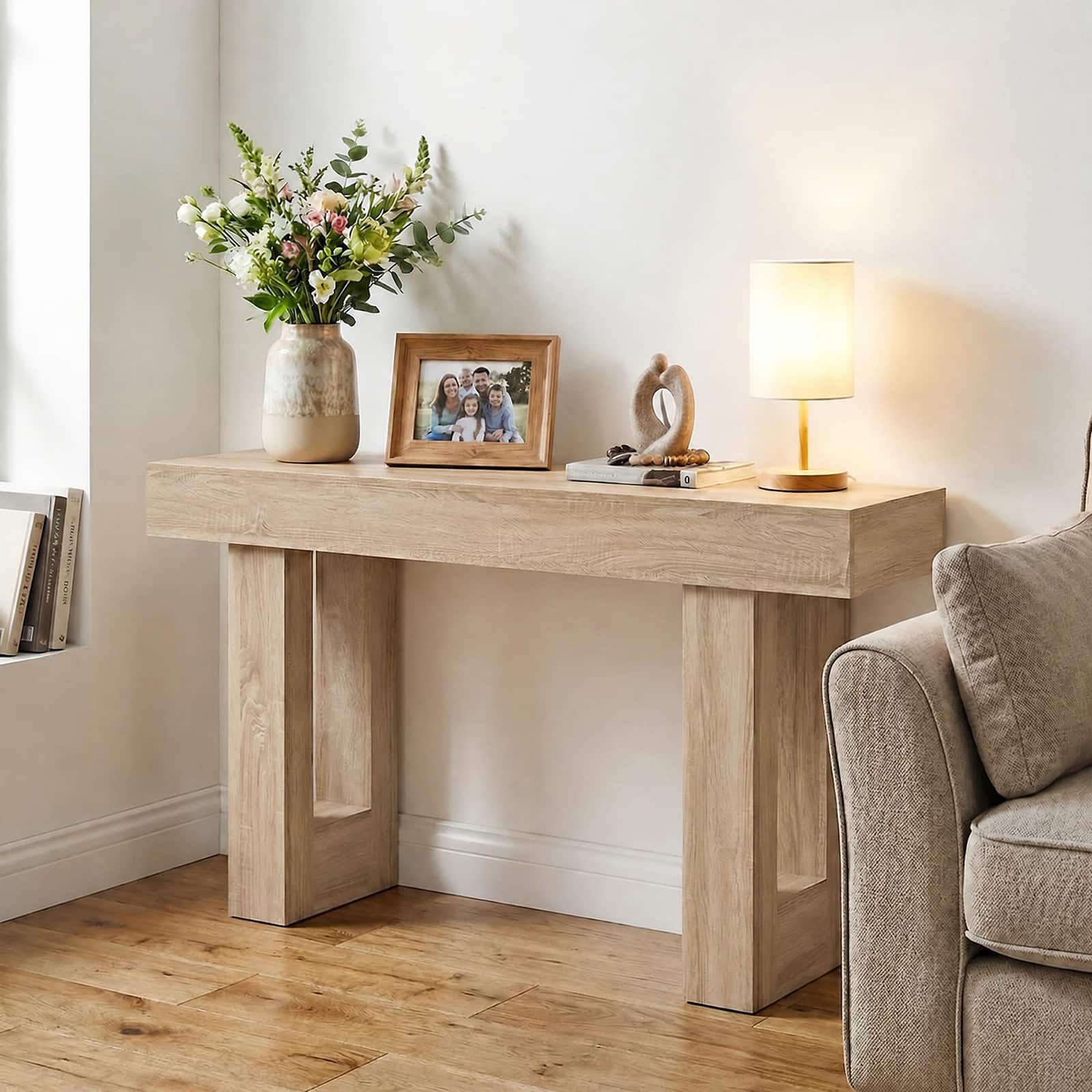 Costway - Long Console Table, Farmhouse Entryway Table with Storage, Wooden Sofa Table - Natural
