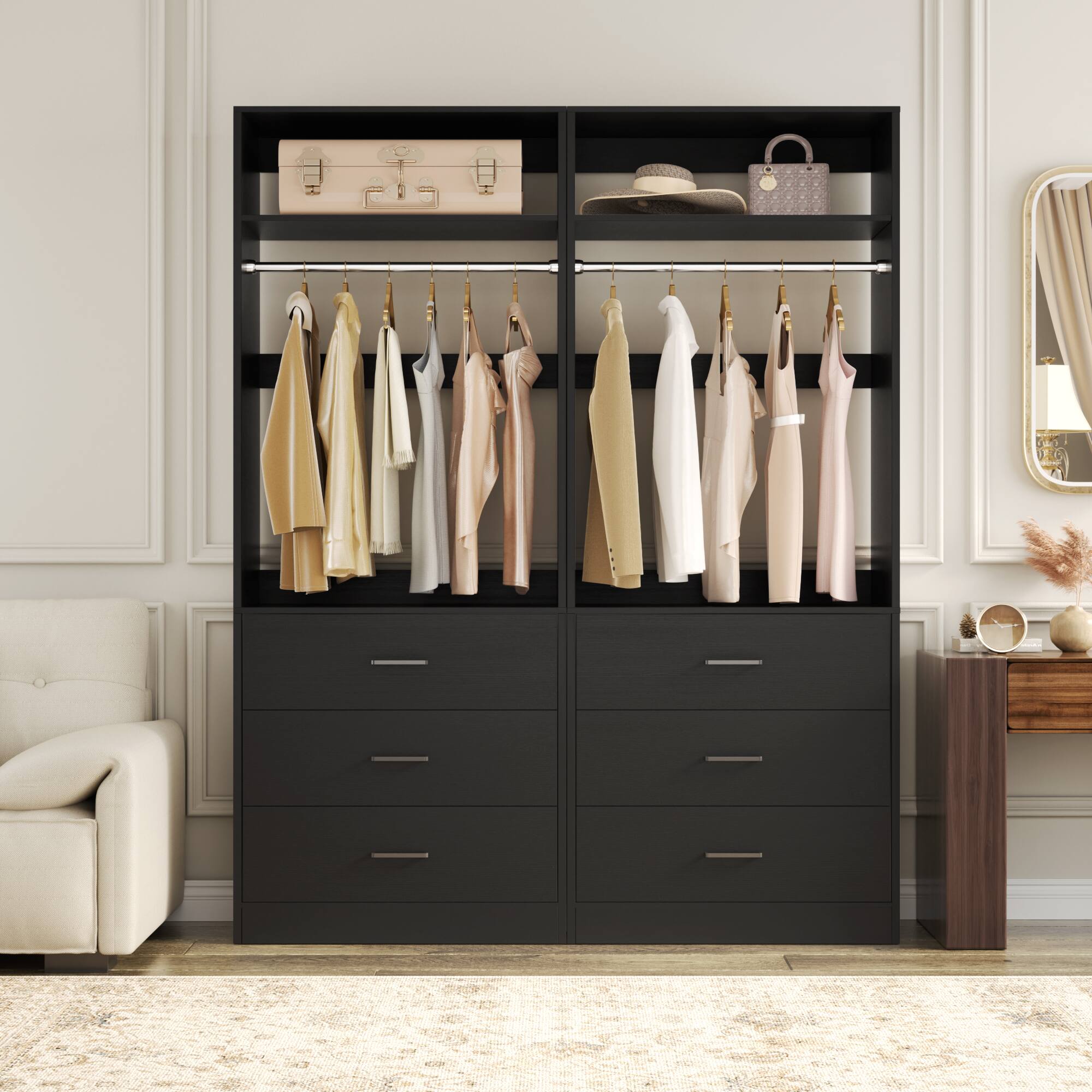 Angle. Aheaplus - 48" Set of 2 Closet Systems with 6 Drawers, 2 Hanging Rods & 2 Shelves - Heavy Duty Walk-in Organizer,Ships 2 packages - Black.