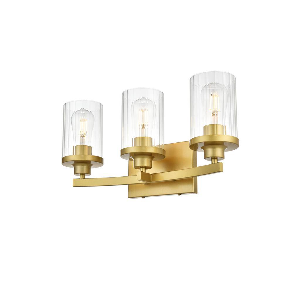 Back. Living District - Saanvi 3 light Brass and Clear Bath Sconce - Brass And Clear.
