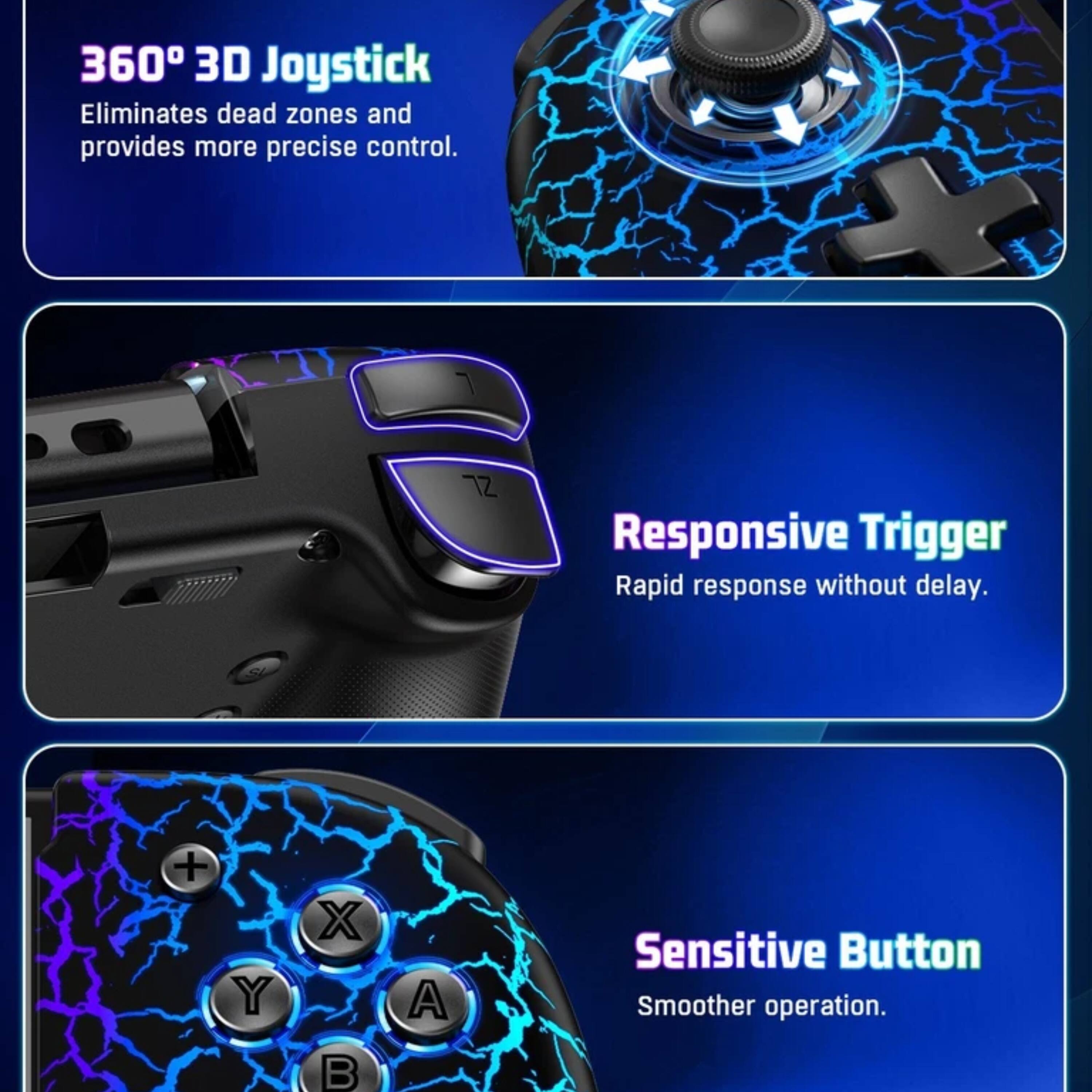 360° 3D Joystick  
Eliminates dead zones and provides more precise control.

Responsive Trigger  
Rapid response without delay.

Sensitive Button  
Smoother operation.