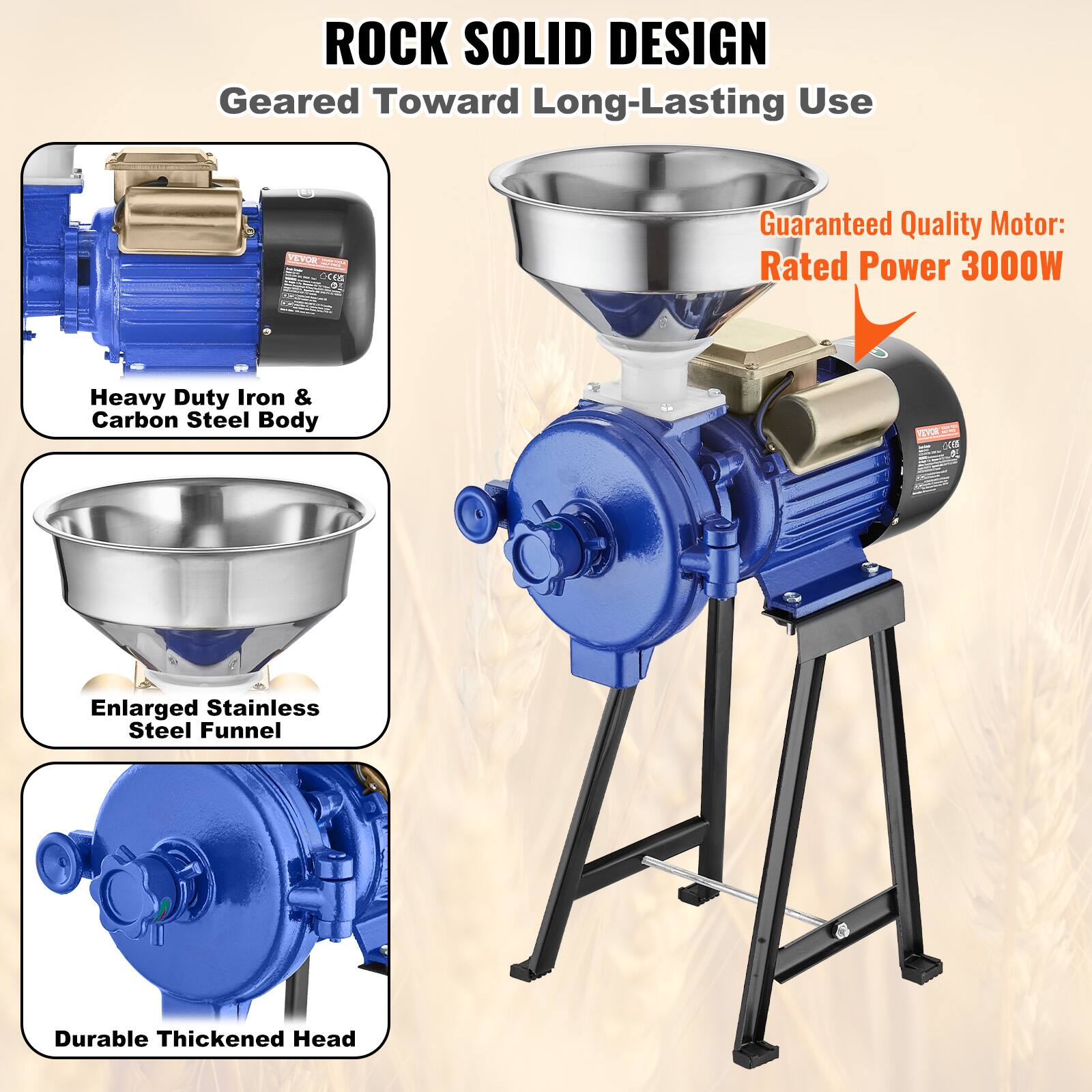 ROCK SOLID DESIGN  
Geared Toward Long-Lasting Use

VEVOR 01

Guaranteed Quality Motor:  
Rated Power 3000W

Heavy Duty Iron & Carbon Steel Body

Enlarged Stainless Steel Funnel

Durable Thickened Head