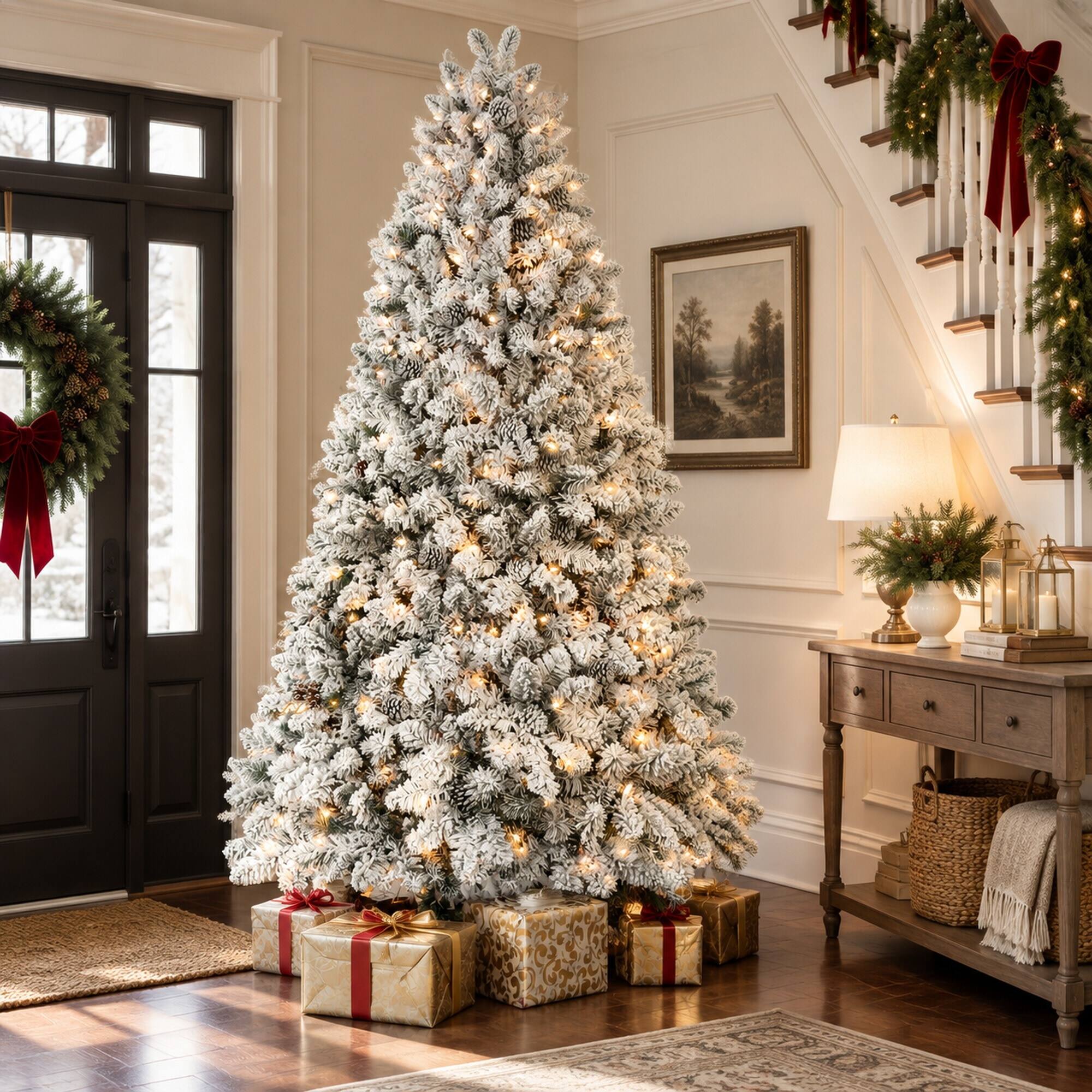 Alt View 1. RYHNUYNE - 9 Ft Flocked Snowy Artificial Christmas Tree With 850 Warm Lights, 63 Pine Cones 2240 Tips Metal Stand Decor - Green,White.