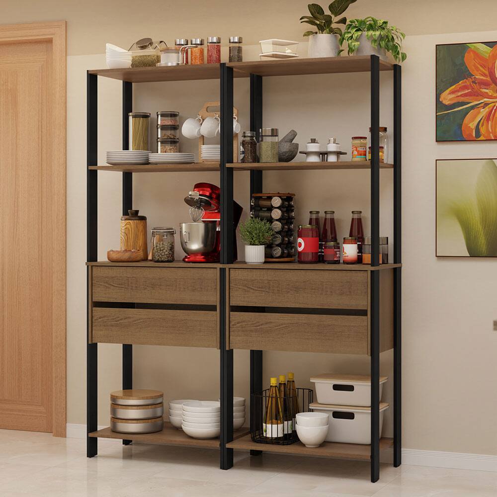 Angle. Madesa - Madesa Kitchen Pantry Storage Rack with 4 Drawers and Open Shelves 55"L Multiuse Cabinet for Kitchen - Black/Brown - Brown.