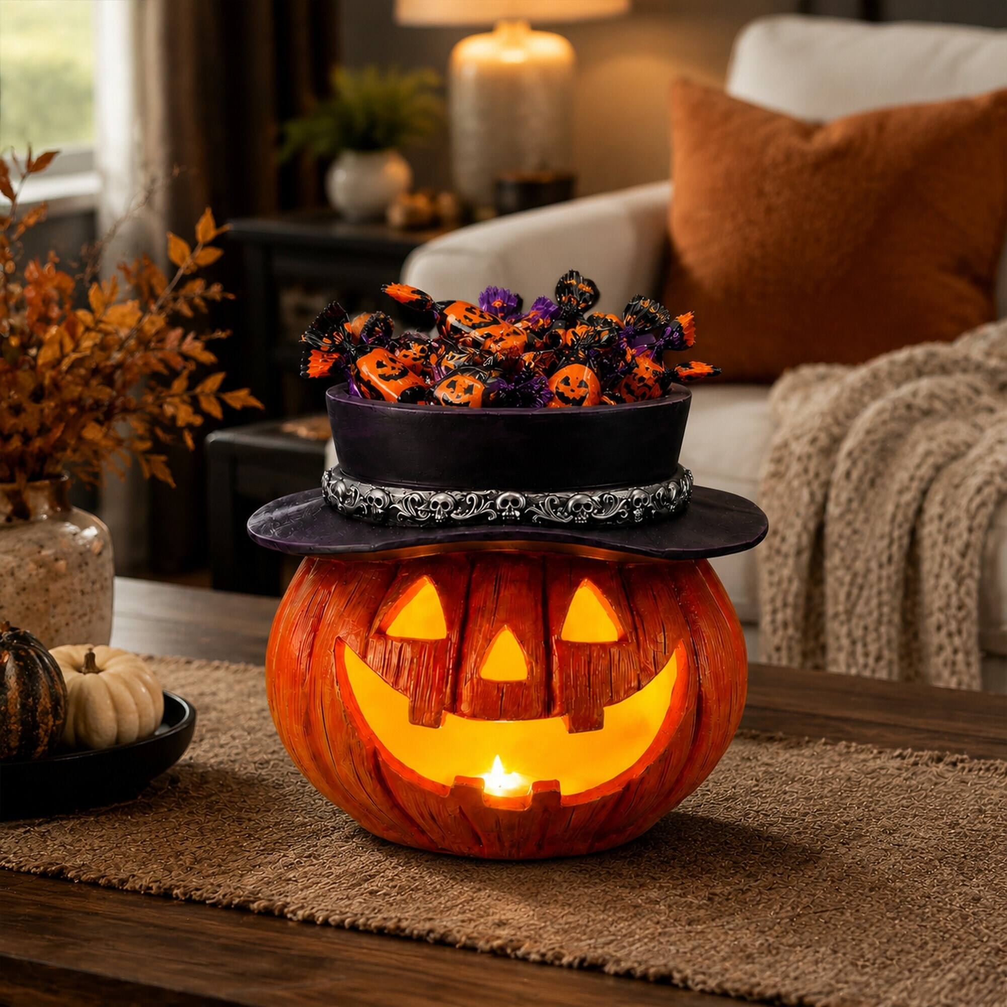 Angle. RYHNUYNE - Halloween Pumpkin Candy Bowl with Witch Hat, Light Up Jack O Lantern Tabletop Storage for Spooky Home Party Decor - Yellow.