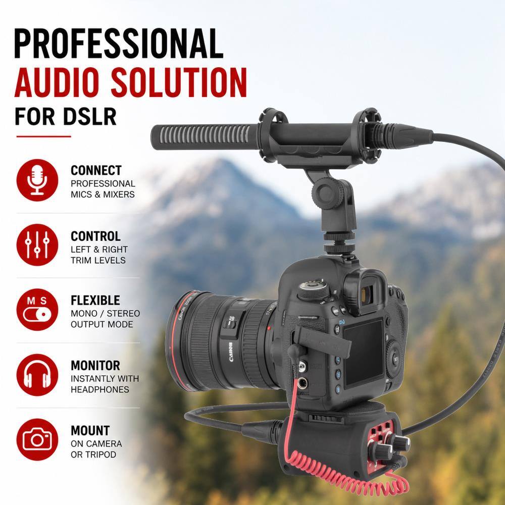 PROFESSIONAL AUDIO SOLUTION FOR DSLR

- CONNECT PROFESSIONAL MICS & MIXERS
- CONTROL LEFT & RIGHT TRIM LEVELS
- FLEXIBLE MONO / STEREO OUTPUT MODE
- MONITOR INSTANTLY WITH HEADPHONES
- MOUNT ON CAMERA OR TRIPOD