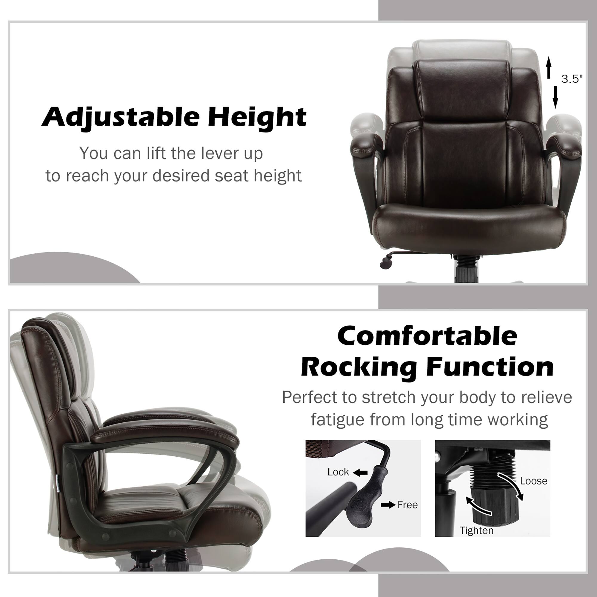 The text on the image is grouped and corrected as follows:
1. Adjustable Height: You can lift the lever up to reach your desired seat height.
2. Comfortable Rocking Function: Perfect to stretch your body to relieve fatigue from long time working.
3. Lock Loose Free Tighten: Lock your chair in place for added security or loosen it for easy repositioning.