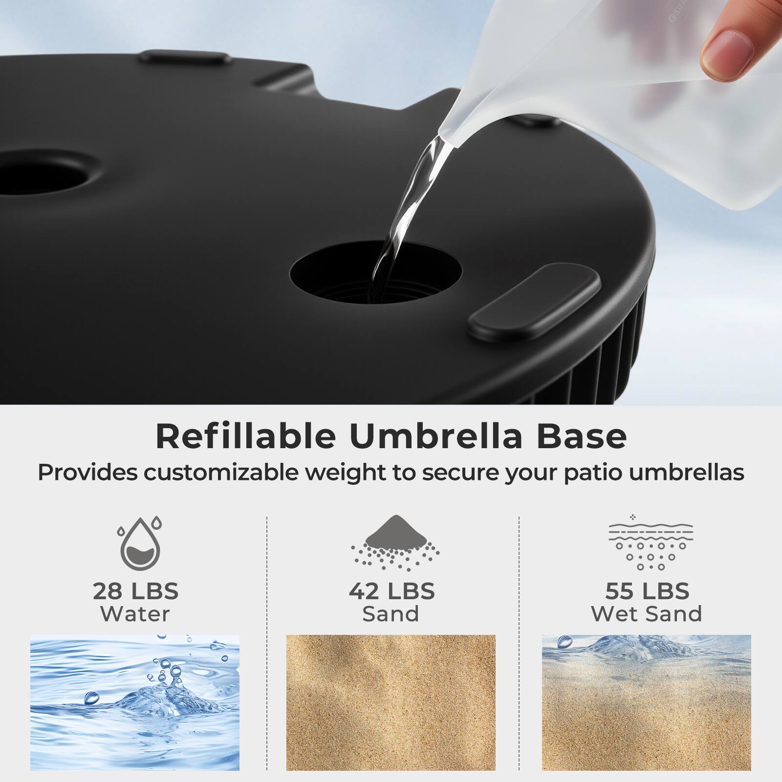 Refillable Umbrella Base  
Provides customizable weight to secure your patio umbrellas  

- 28 LBS Water  
- 42 LBS Sand  
- 55 LBS Wet Sand