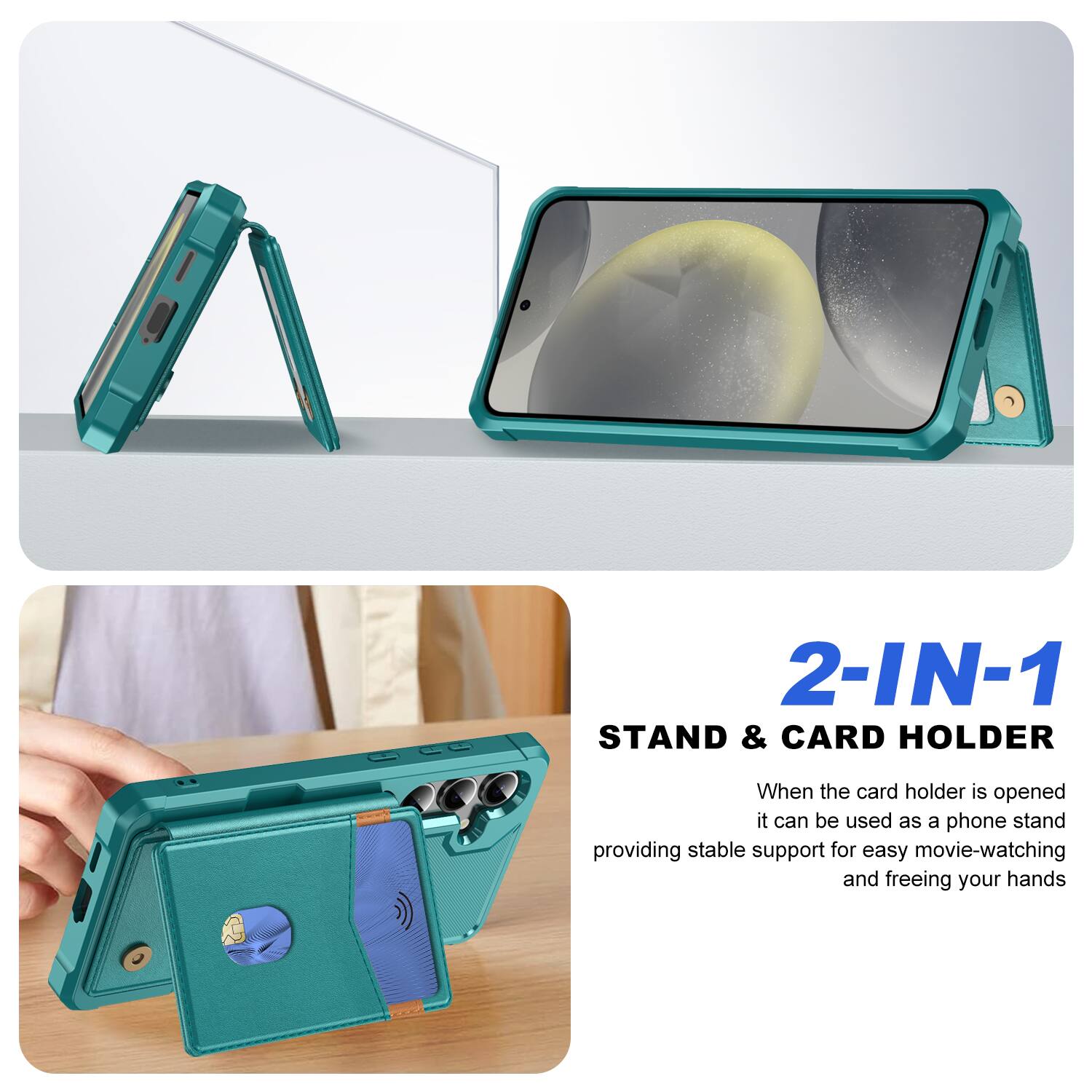 2-IN-1 STAND & CARD HOLDER

When the card holder is opened it can be used as a phone stand providing stable support for easy movie-watching and freeing your hands