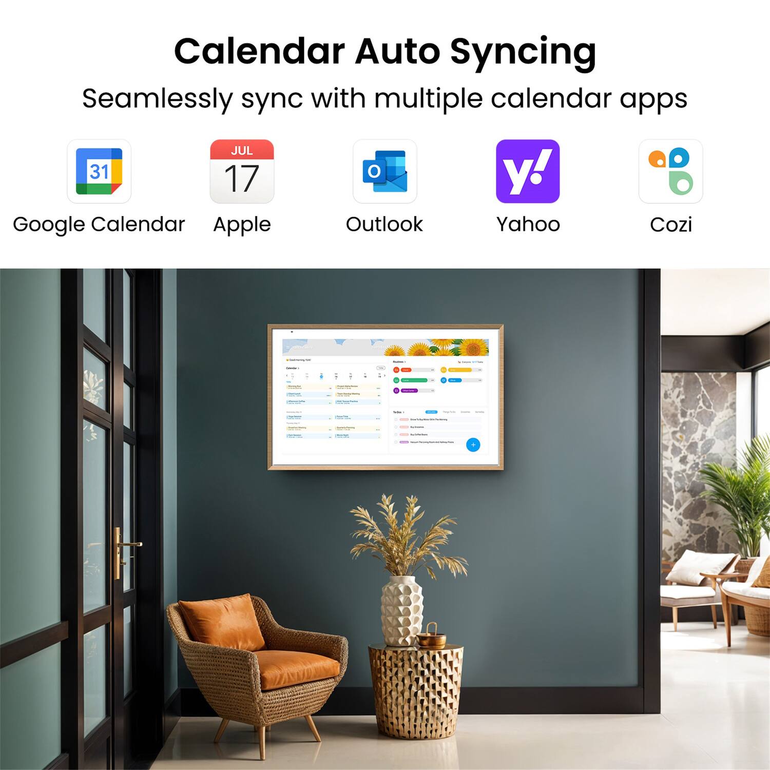 Calendar Auto Syncing  
Seamlessly sync with multiple calendar apps  

- Google Calendar  
- Apple  
- Outlook  
- Yahoo  
- Cozi
