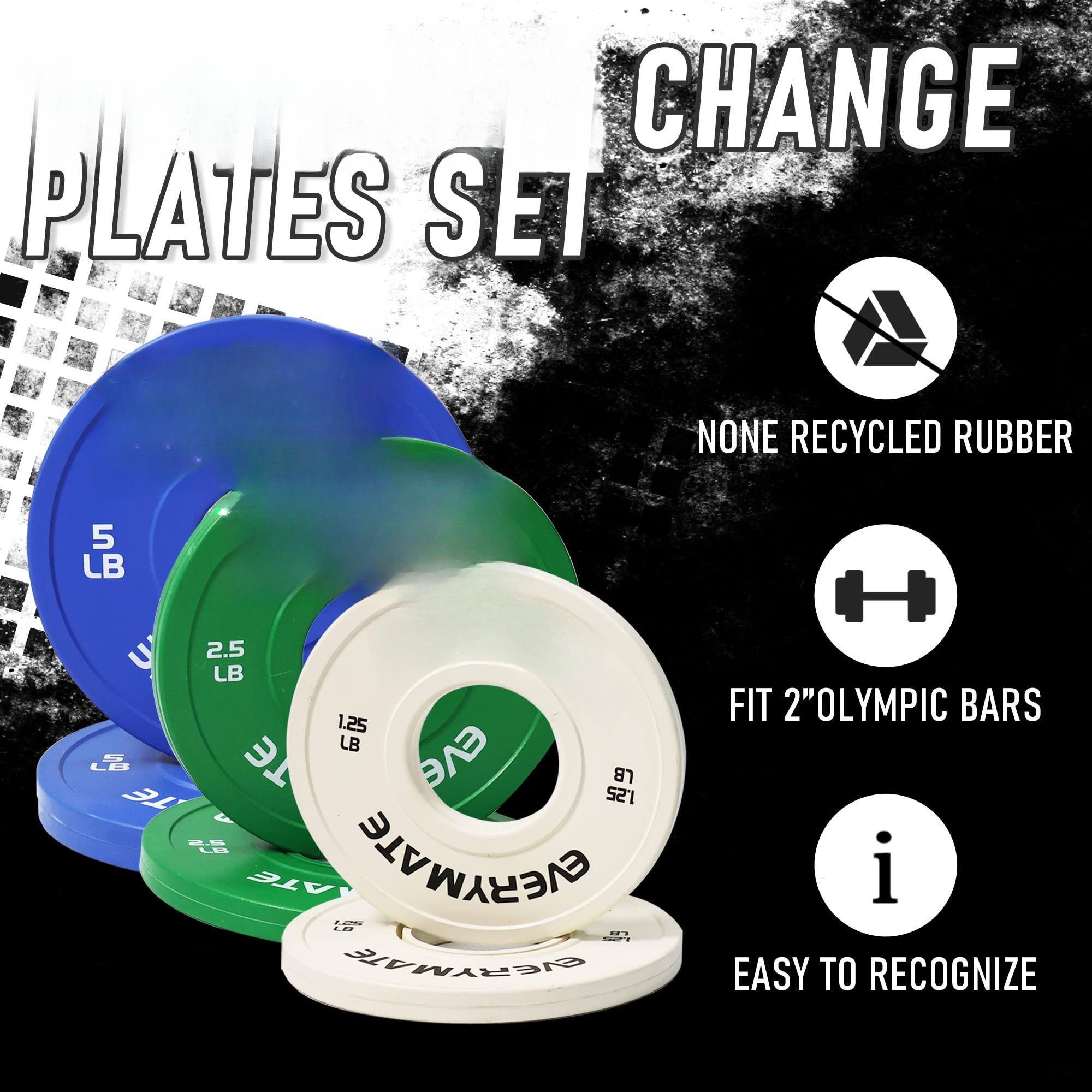 **PLATES SET**

**CHANGE**

- NONE RECYCLED RUBBER
- FIT 2" OLYMPIC BARS
- EASY TO RECOGNIZE

**Weights:**
- 5 LB
- 2.5 LB
- 1.25 LB