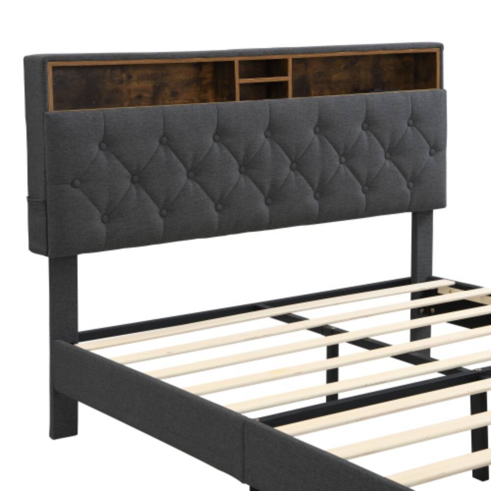 Alt View 1. LUCKY ONE - Queen Size Platform Bed Frame with USB Outlet and Storage Compartments, Heavy Duty Metal Slats, No Box Spring Needed - Dark Gray.