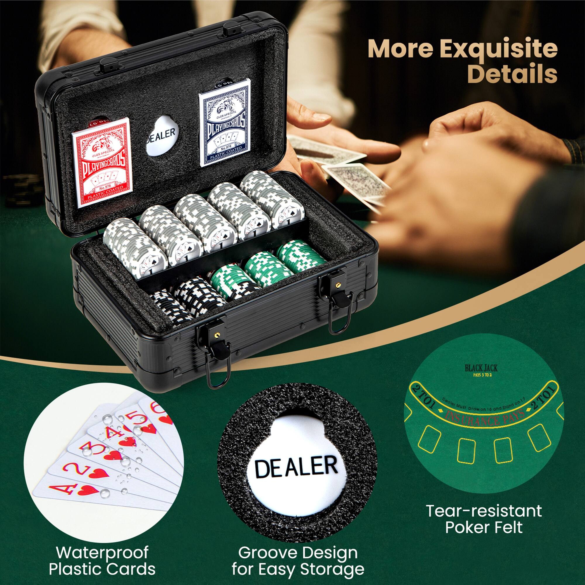 DEALER  
PLAYING CARDS  
0000 - CAUTION DO NOT - O PLAMST 0900 MI DI  
More Exquisite Details  
5 6 4 2 A 1 O  
Waterproof Plastic Cards  
DEALER Groove Design for Easy Storage  
BLACK JACK  
105 2T01  
Cater MuS  
Inomi on 11 2T01  
INSURANCE PAYS  
Tear-resistant Poker Felt
